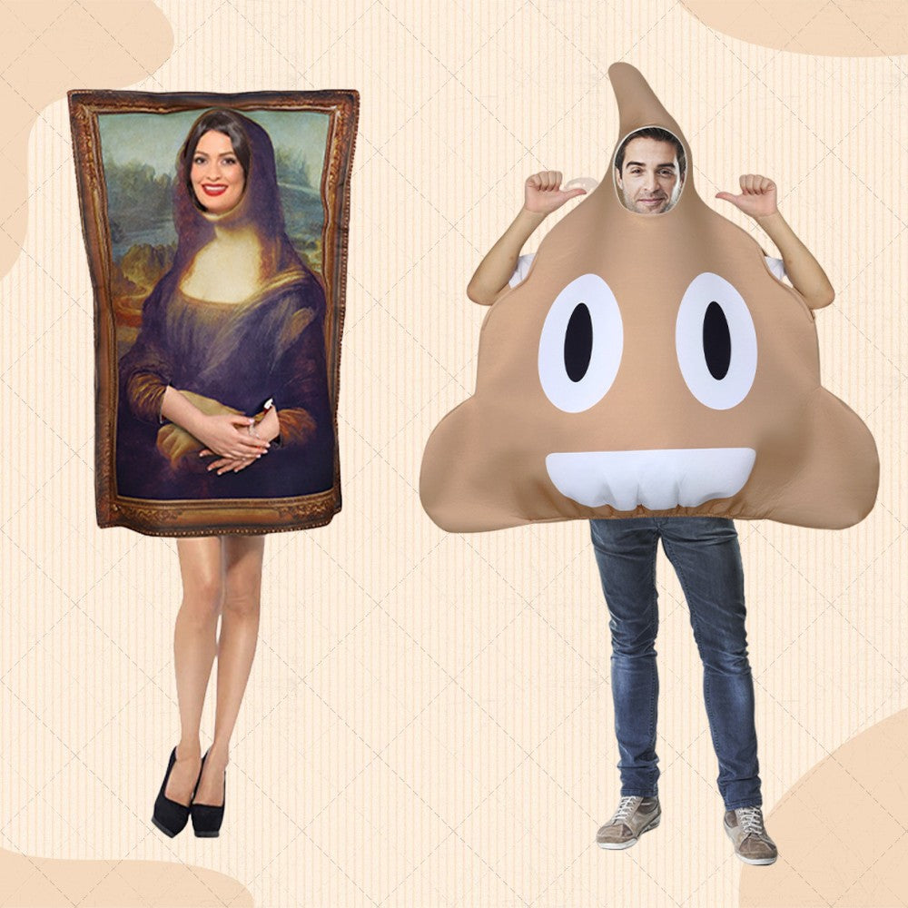 Funny Daddy Poo Costume & Mona Lisa Parody Mural Cosplay Outfit for Halloween School Party Parent-Child Matching Set