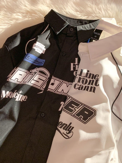 Cargo Short-sleeved Shirt New Summer Youth Casual Lapel Button Up Blouse Men Women Hip Hop Letter Print Racing Tee