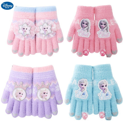 Disney Frozen Elsa desenho animado fofo e feminino coração outono e inverno luvas infantis grossas e quentes à prova de frio com dedos inteiros para atividades ao ar livre