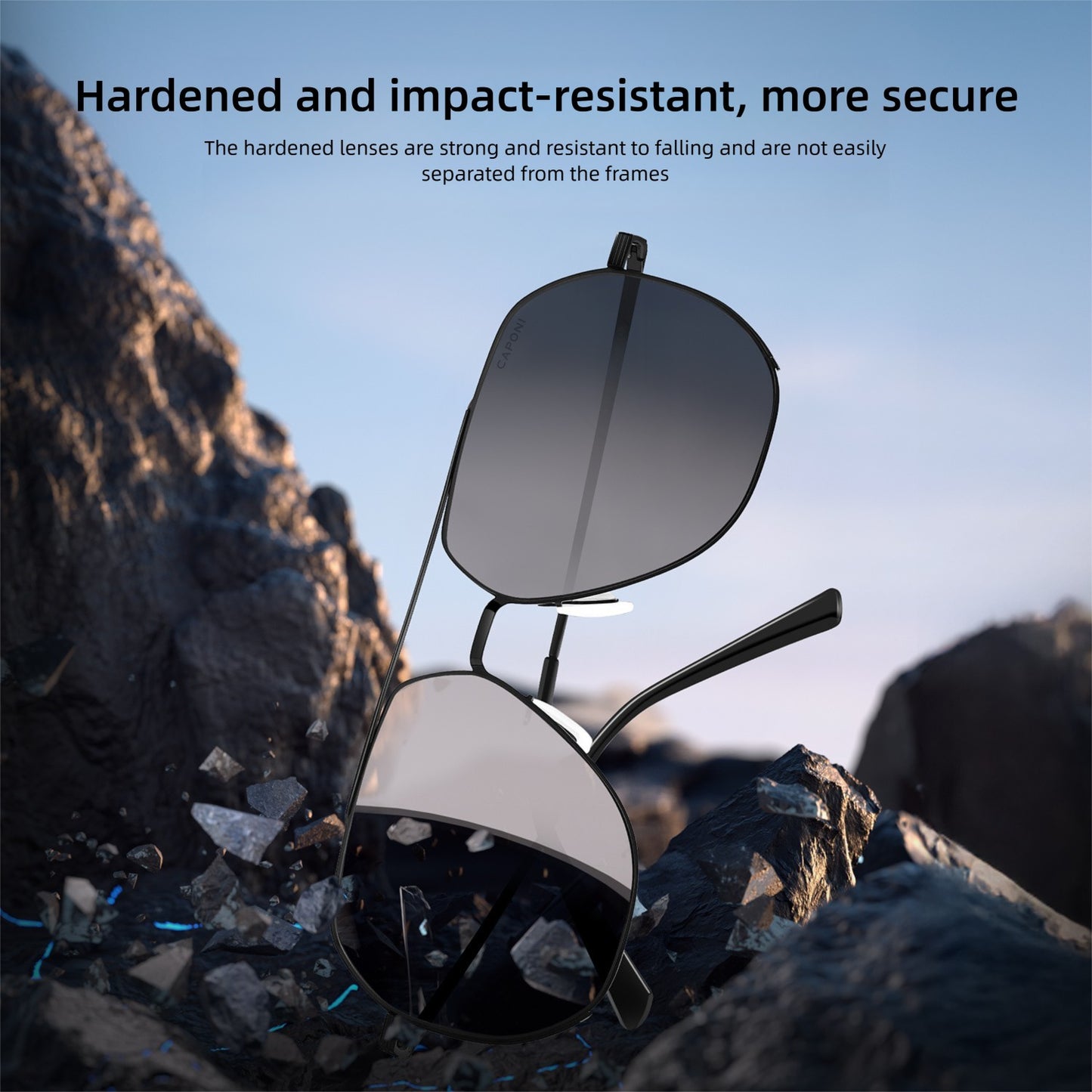 CAPONI Aviator Polarized Men Sunglasses Classic Double Bridge Designer Outdoor Sun Glasses Anti Glare UV400 Silver Shade CP35707