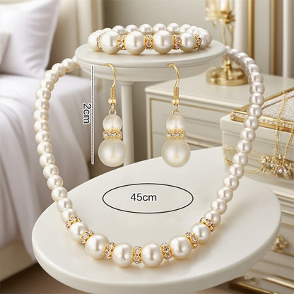 Conjunto 3 em 1 Elegante Colar, Brincos e Pulseira de Pérolas Simuladas Colar Longo Joias de Casamento para Noivas Presente
