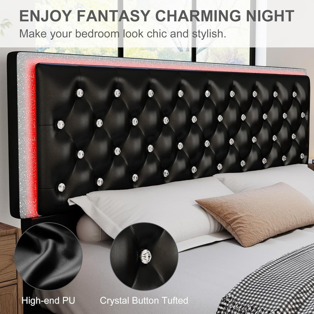 LED Bed Frame with 2 Drawers, PU Leather Platform Bed with Diamond Tufted Headboard Footboard and 2 Side Pockets, M