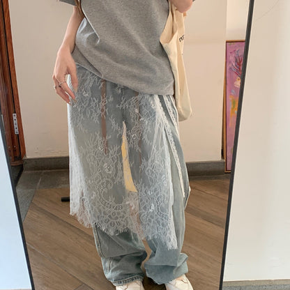 Midi Skirts Women Lace Drawstring Design Elegant Korean Style Spring Summer A-line High Waist Irregular Side Slit Fashion Street