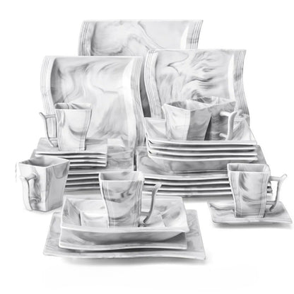 MALACASA FLORA 30PCS Marble Porcelain Dinnerware Set with 6 Piece Dinner Plate Dessert Plate Soup Plate Cups &Saucers