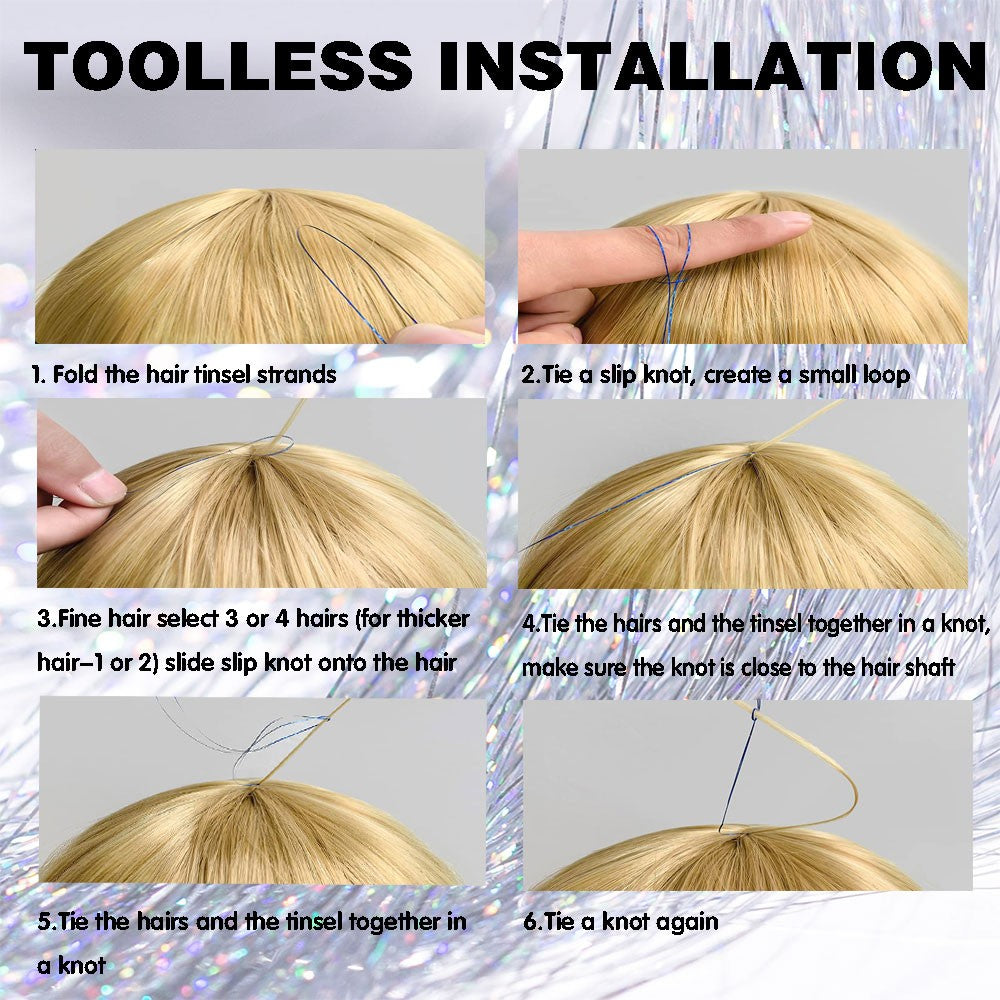 Kit de Cabelo Lamê com Ferramentas, Lamê Fio de Fada, Resistente ao Calor, Cintilante, Brilhante, Extensões de Cabelo Lamê, Kit de Mechas Coloridas de Cabelo Lamê