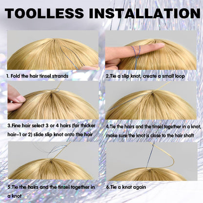 Kit de Cabelo Lamê com Ferramentas, Lamê Fio de Fada, Resistente ao Calor, Cintilante, Brilhante, Extensões de Cabelo Lamê, Kit de Mechas Coloridas de Cabelo Lamê
