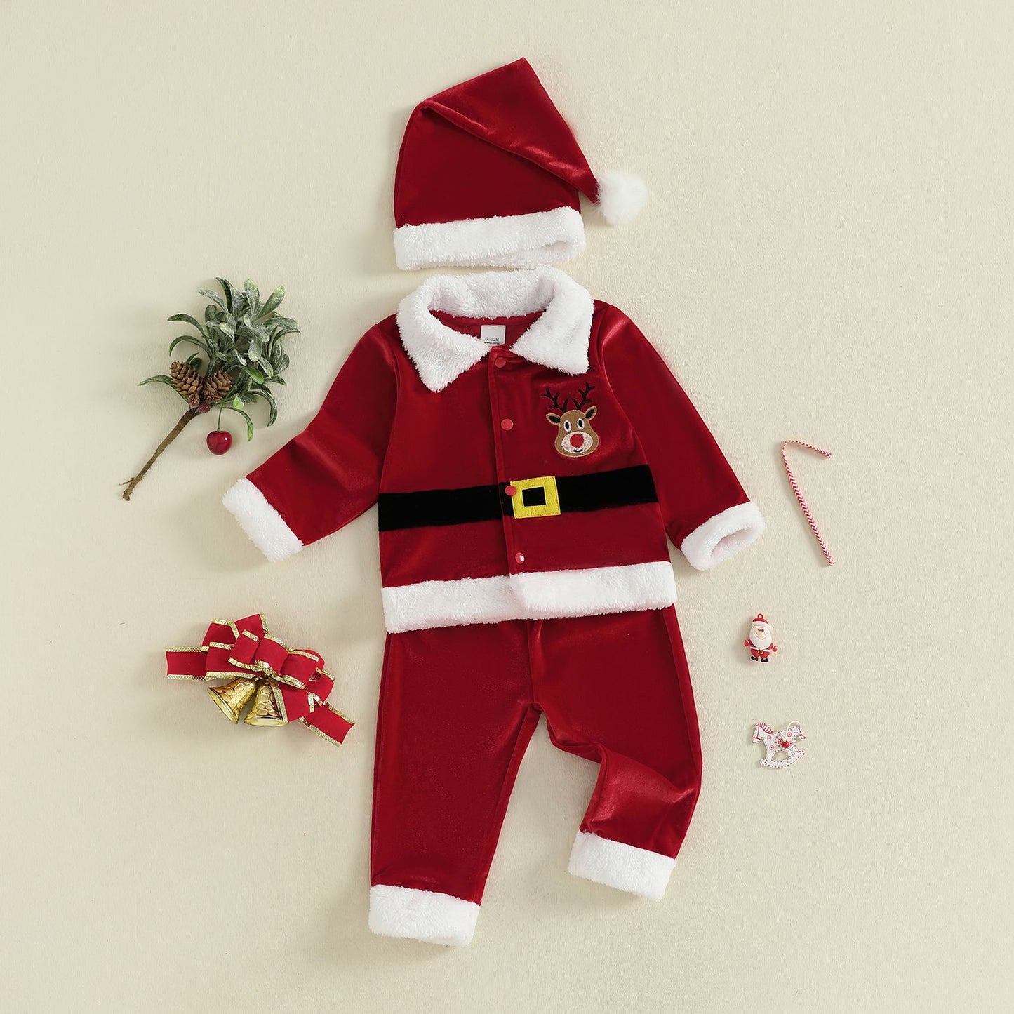 Christmas Infant Baby Girl Boy Velvet Clothes Toddler Long Sleeve Lapel Button Down Tops Elastic Waist Pants Santa Costume Set