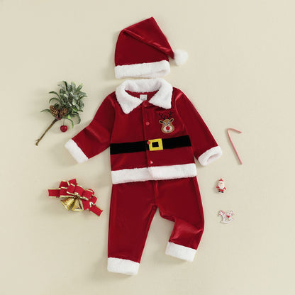 Christmas Infant Baby Girl Boy Velvet Clothes Toddler Long Sleeve Lapel Button Down Tops Elastic Waist Pants Santa Costume Set