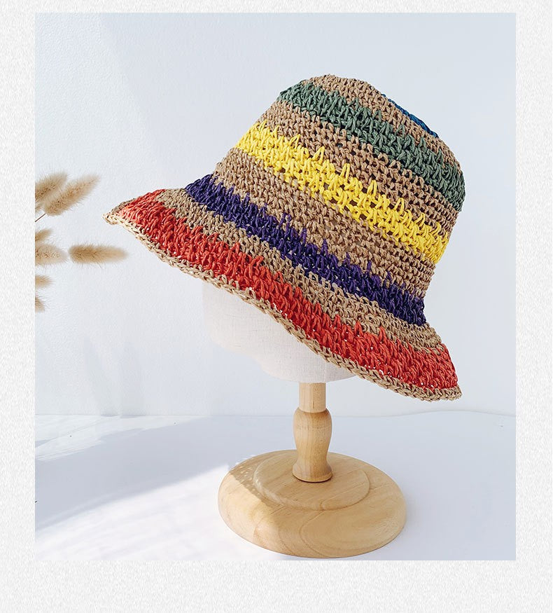 Rainbow Straw Hat For Women Summer Sun Visor Handmade Crochet Big Brim Bucket Hats Ladies Beach Sun Hat Boho Girl's Fashion Caps