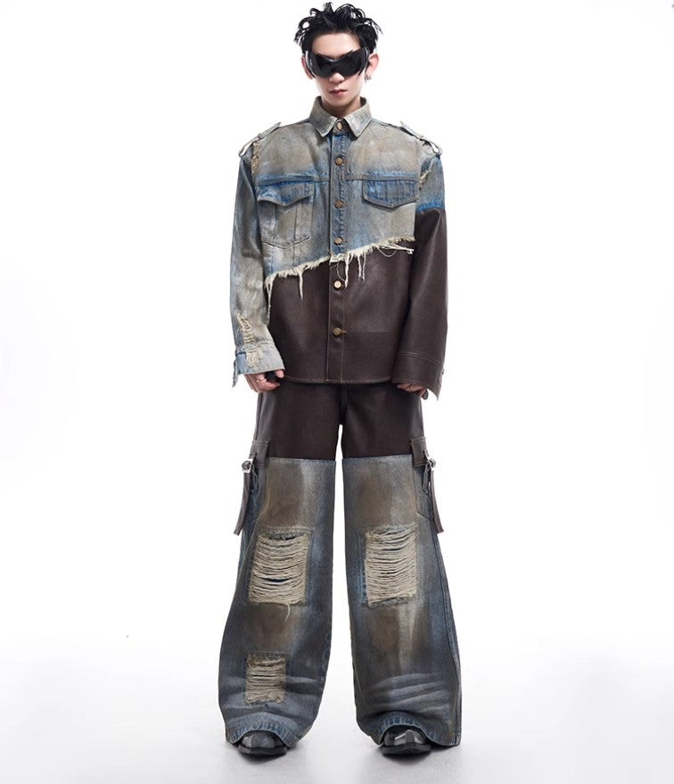 2024 American vintage do old piece-leather destruction denim jacket men fall dirty jacket