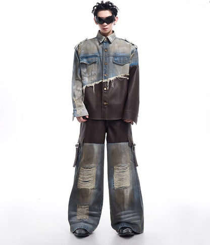 2024 American vintage do old piece-leather destruction denim jacket men fall dirty jacket