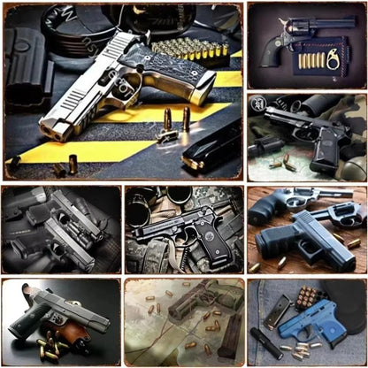 GUNHERO Pistol Metal Wall Signs - Bold Military Style - Perfect Decor for Man Caves, Homes, Bars & Garden Spaces