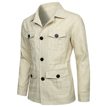 Mens Coats Safari Jacket Linen British Retro Gentry Suit Pockets Outerwear Fashion Solid Color Male Tops