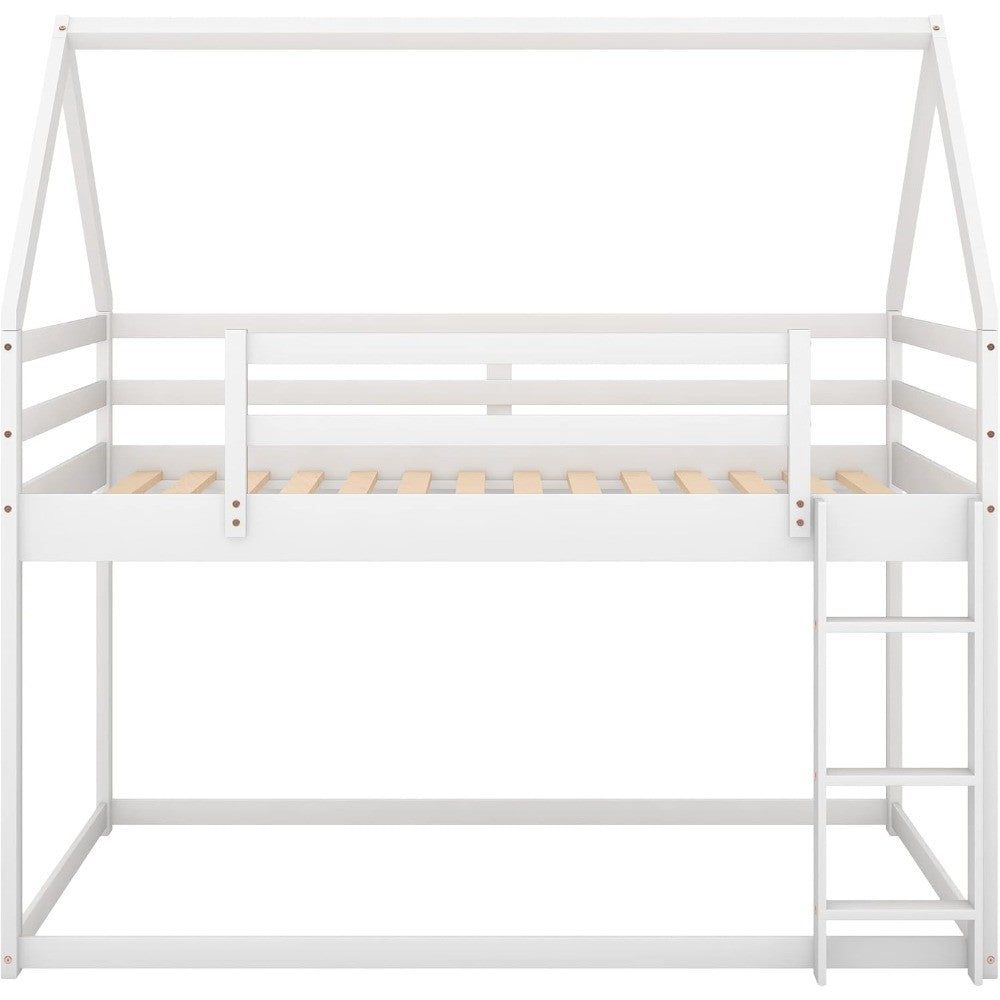 Bellemave Twin Over Twin House Bunk Bed for Kids,Floor Low Bunk Beds with Ladder and Guardrails,Solid Wood Twin Size Bunk Bed fo