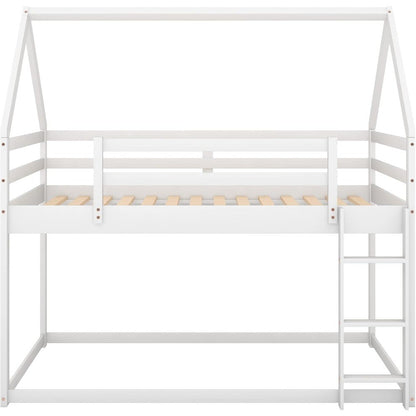 Bellemave Twin Over Twin House Bunk Bed for Kids,Floor Low Bunk Beds with Ladder and Guardrails,Solid Wood Twin Size Bunk Bed fo