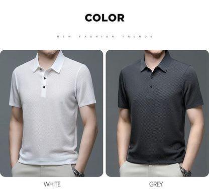 Summer New Men's Lop-up Hollow Short-sleeved Polo Tee Shirt Ice Silk Breathable Business Fashion T-Shirt Male Brand Clothes