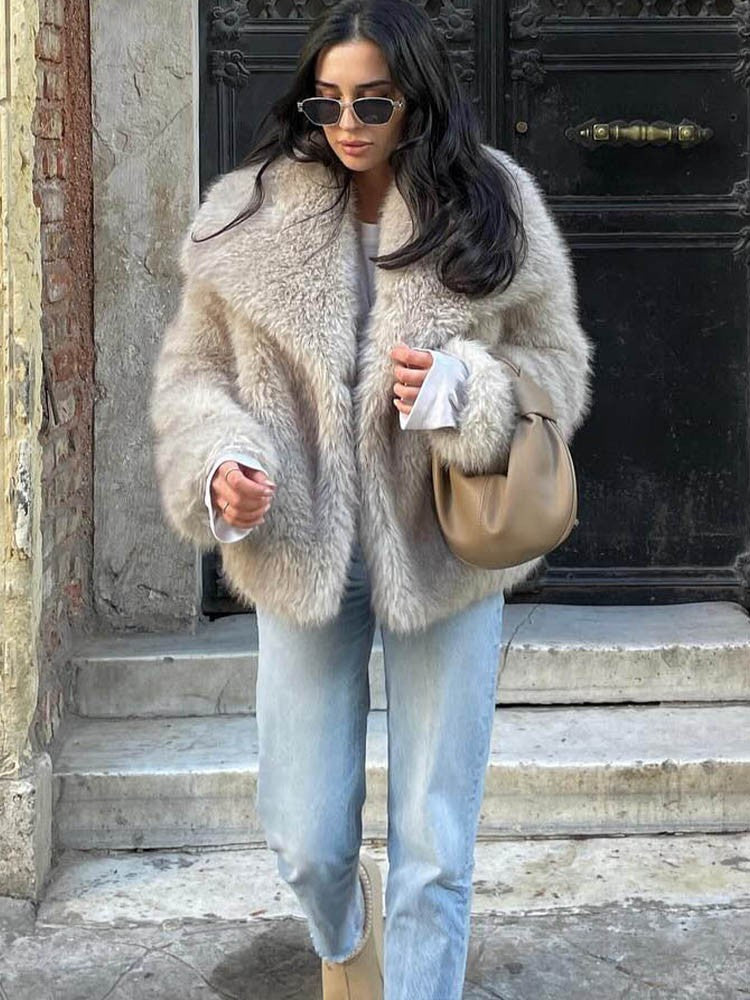 HH Women Fashion Cropped Faux Fur Jacket Coat Long Sleeve Front Snap-button Female Outerwear Chic Lapel Collar Thick Coat