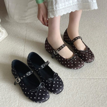 Designer Polka Dot Ballet Flats for Women Sweet Bow Decoration Elegant Mary Jane Shoes Fashion Buckle Shallow Comfort Dress Shoe