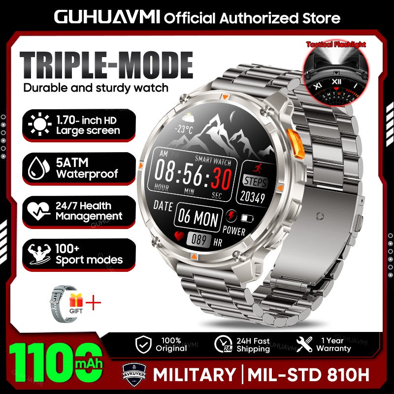 2026 New 1.7-inch Military sports SmartWatch 1100mAh large battery Outdoor compass flashlight 5ATM waterproof BT Call SmartWatch