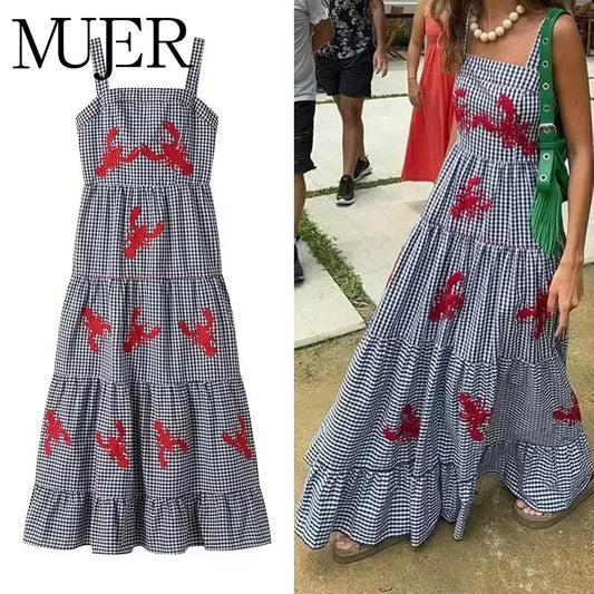 MUJER Plaid Slip Long Dress Woman Embroidery Ruffle Summer Dresses 2025 Sleevele