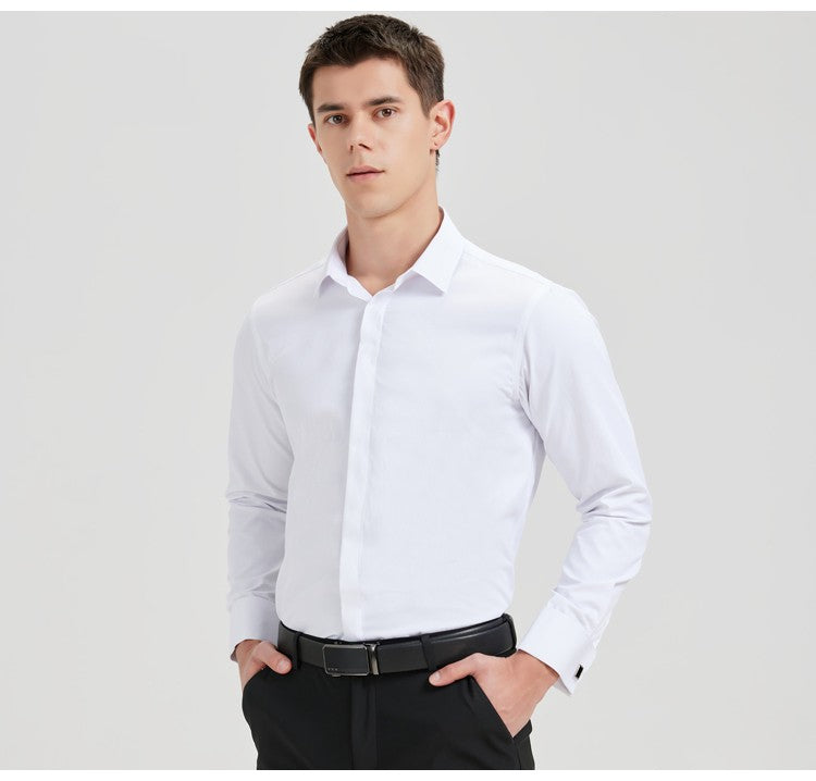 Men's Formal Long Sleeve Dressy Shirt Covered Buttons Front Placket Fits Comfortably French Cuffs Shirts Random Metal Cufflinks