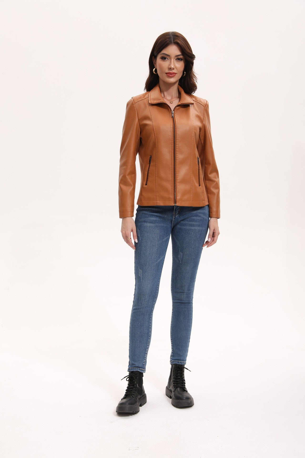2025 Women’s Stylish Brown Faux Leather Jacket - Slim Fit, Trendy Moto Style with Zipper Detail PU Coat.