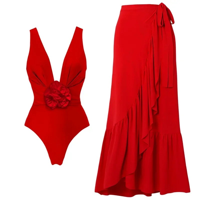 2024 Sexy Red 3D Ruffle Flower One Piece and Skirt set Swimwear beachwear Party Dress  Clearance Wholesale