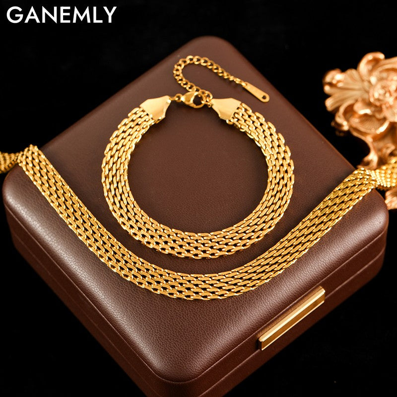 GANEMLY Conjunto de joias à prova d'água de aço inoxidável 316L, colar de corrente larga de metal, pulseiras, conjunto de joias com pingente de corrente dourada, presente