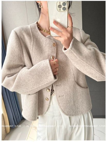 Women's New Round Neck Single-breasted Double-sided Tweed Coat Fashionable Casual and Versatile Elegant Top
