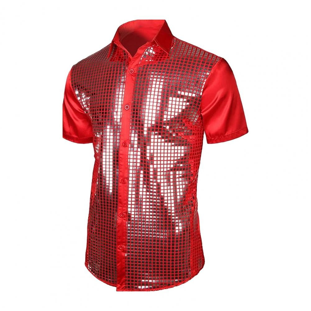70s Shiny Surface Men Shirt Turn-down Collar Single-breasted Long Sleeves Buttons Cotton Shirt Club Party Disco Stage Show Shirt