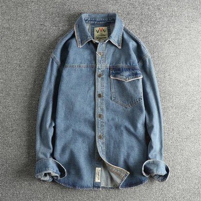 Autumn New American Retro Heavyweight Single Pocket Denim Cargo Shirt Men's Simple 100% Cotton Washed Casual Blouses Thin Jacket
