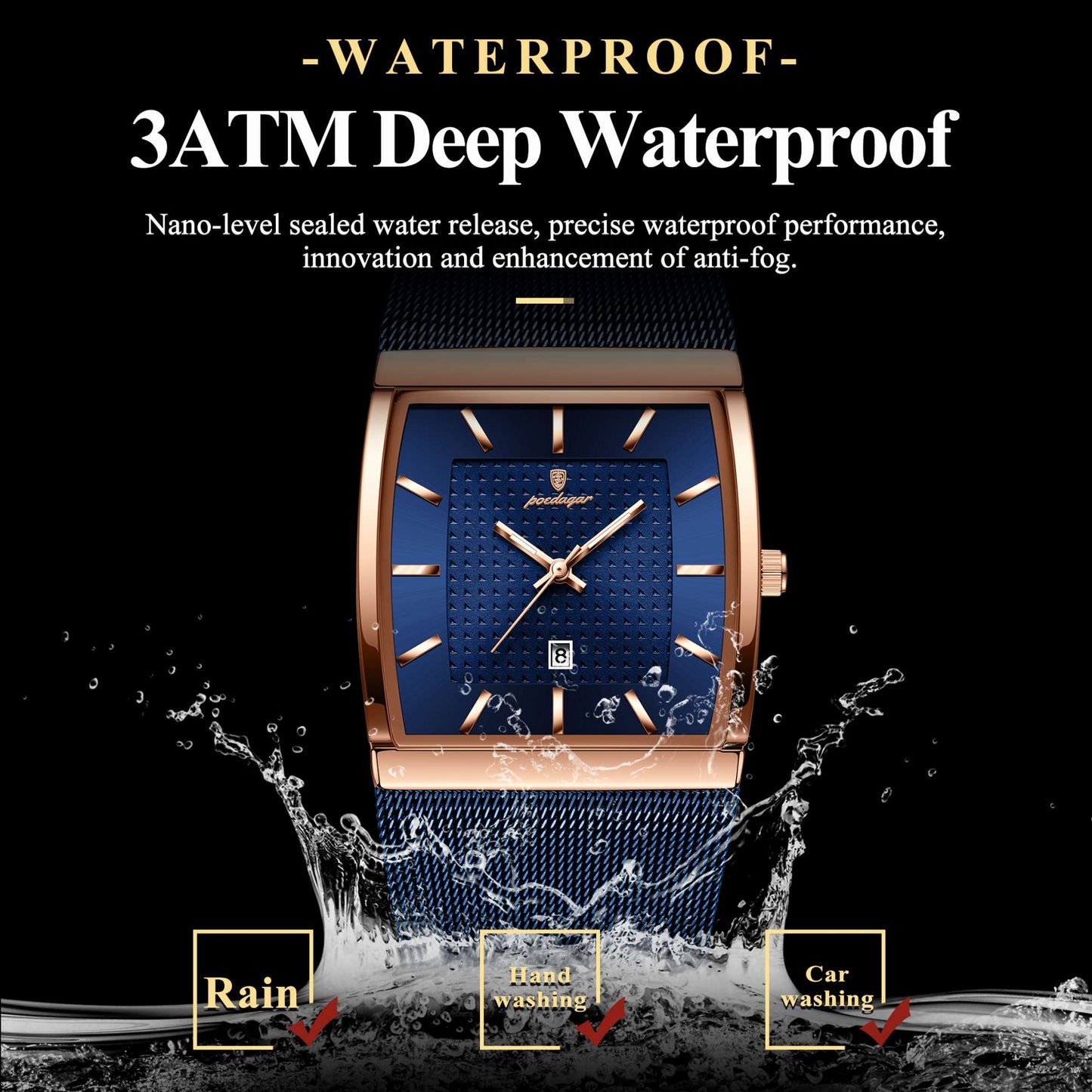 POEDAGAR Top Luxury Men Watch Stainless Steel Mesh Date Waterproof Luminous Man Wristwatch Casual Rectangle Quartz Men's Watches