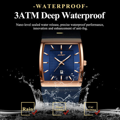 POEDAGAR Top Luxury Men Watch Stainless Steel Mesh Date Waterproof Luminous Man Wristwatch Casual Rectangle Quartz Men's Watches