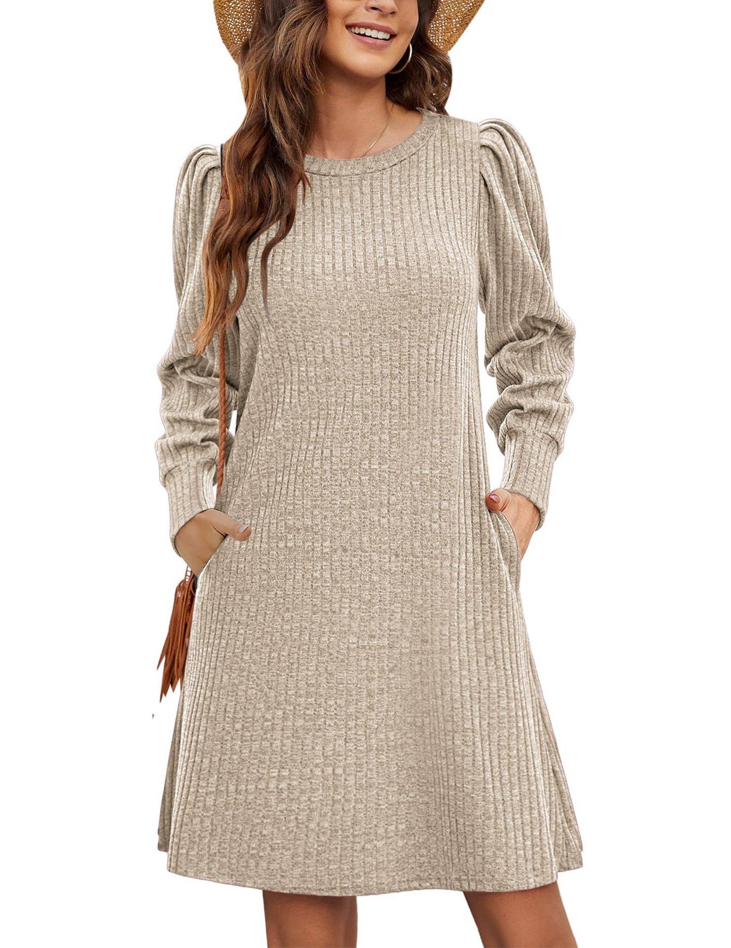 Y2K autumn and winter women's crew neck solid color sweater bubble sleeve fashion commuter dress comfortable casual loose dress