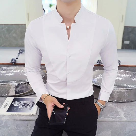 Mens Long Sleeve Shirt Autumn High Quality Stand Collar Casual Slim Solid Color Shirt Oversized Size 5XL Fashion Men Clothing