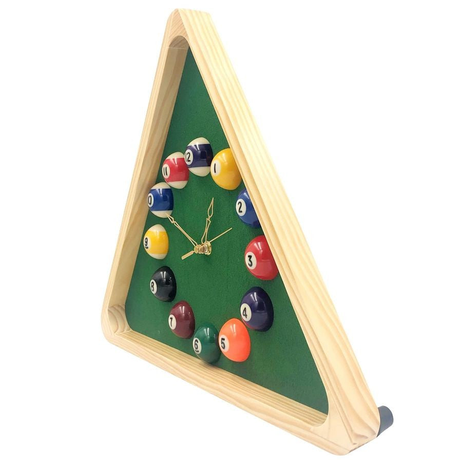 Billiards Pool Ball Clock 14Inch Triangle Pool Table Cool Wall Clock with Solid Wood Frame,Great for Billiards Room,Pool Room,Ga