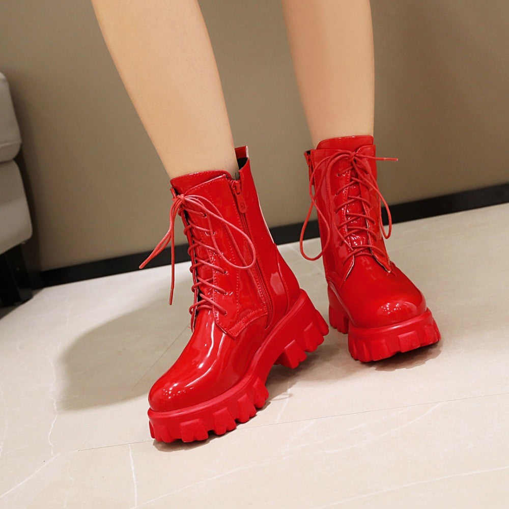 Women Boots Patent Leather Platform Shoes Brand Ankle Fashion High Heel Boots Women Autumn Winter Warm Platform Boots Black Red