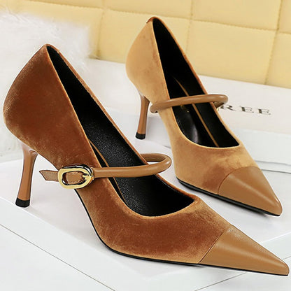 Korean Version Party 10cm 7cm High Heels Women Shoes Thin Heels Velvet Shallow Montage Pointed Toe Metal One-line Buckle Pumps