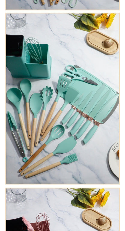 Conjunto de utensílios de cozinha de silicone, 19 peças com cabo de madeira, espátula, panela antiaderente e balde de armazenamento de facas multiuso integrado