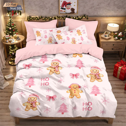 3pcs pink Merry Christmas gingerbread printed coreless bedding set multi size bedroom bedding holiday decoration comfortable