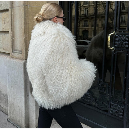 Solid Fashion Fake Fur Coat Women Chic Fluffy Warm Long Sleeve Loose Short Jacket Luxury 2025 Winter Lady Daily Street Outerwear