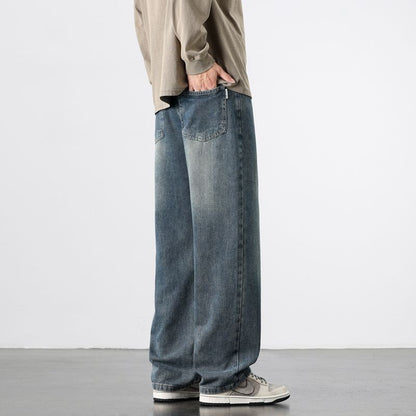 Calça Jeans Masculina Reta Vintage de Primavera Outono Calça Casual de Alta Qualidade Masculina Coreana Moderna Folgada de Perna Larga