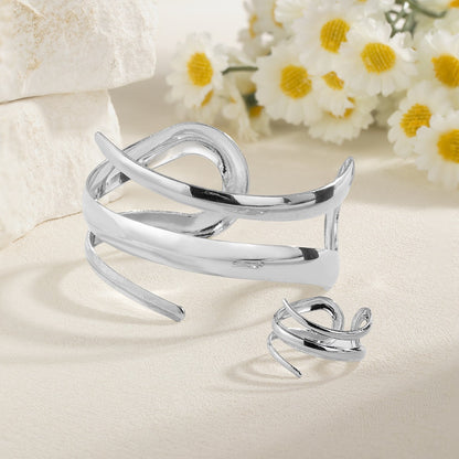 Conjunto de Anel e Bracelete de Aço Inoxidável com Gota de Água para Mulheres Luxuoso Geométrico Gota Aberta Punho Torcido Irregular Joias