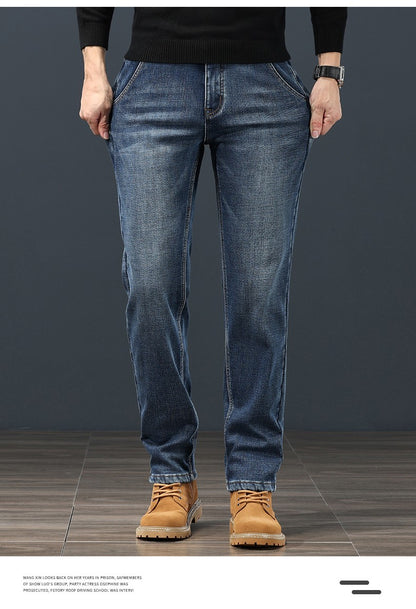 2024 Winter Warm Jeans Men's Fleece Thickened Slim Straight Trousers Fashion Stretch Cotton Casual Denim Pants Brand Clothes