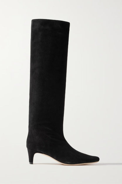 New Autumn Winter Square Toe Low Heeled Suede Long Boots European and American Fashion Black Brown Minimalist Knee High Boots