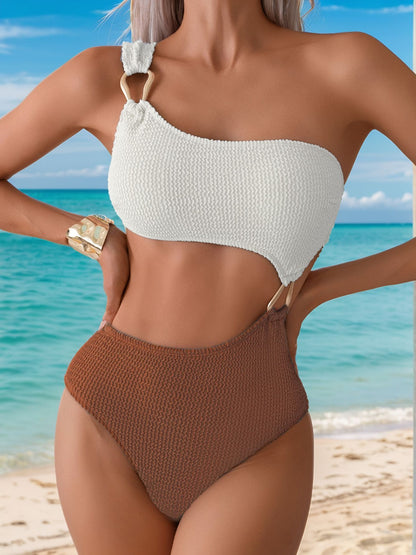 Summer Women Color Block One Piece Swimsuits One Shoulder Cutout Bathing Suits Sexy Bikinis Sets Backless Beachwear