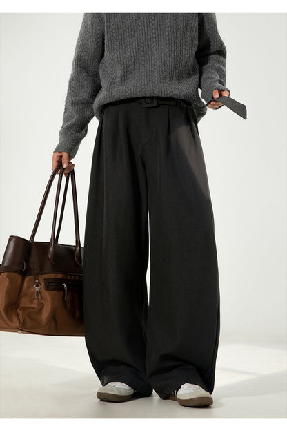 Men's Pleated Drape Curved-Leg Trousers Loose-Fit Straight-Leg Pants Retro-Style Belted Casual Pants