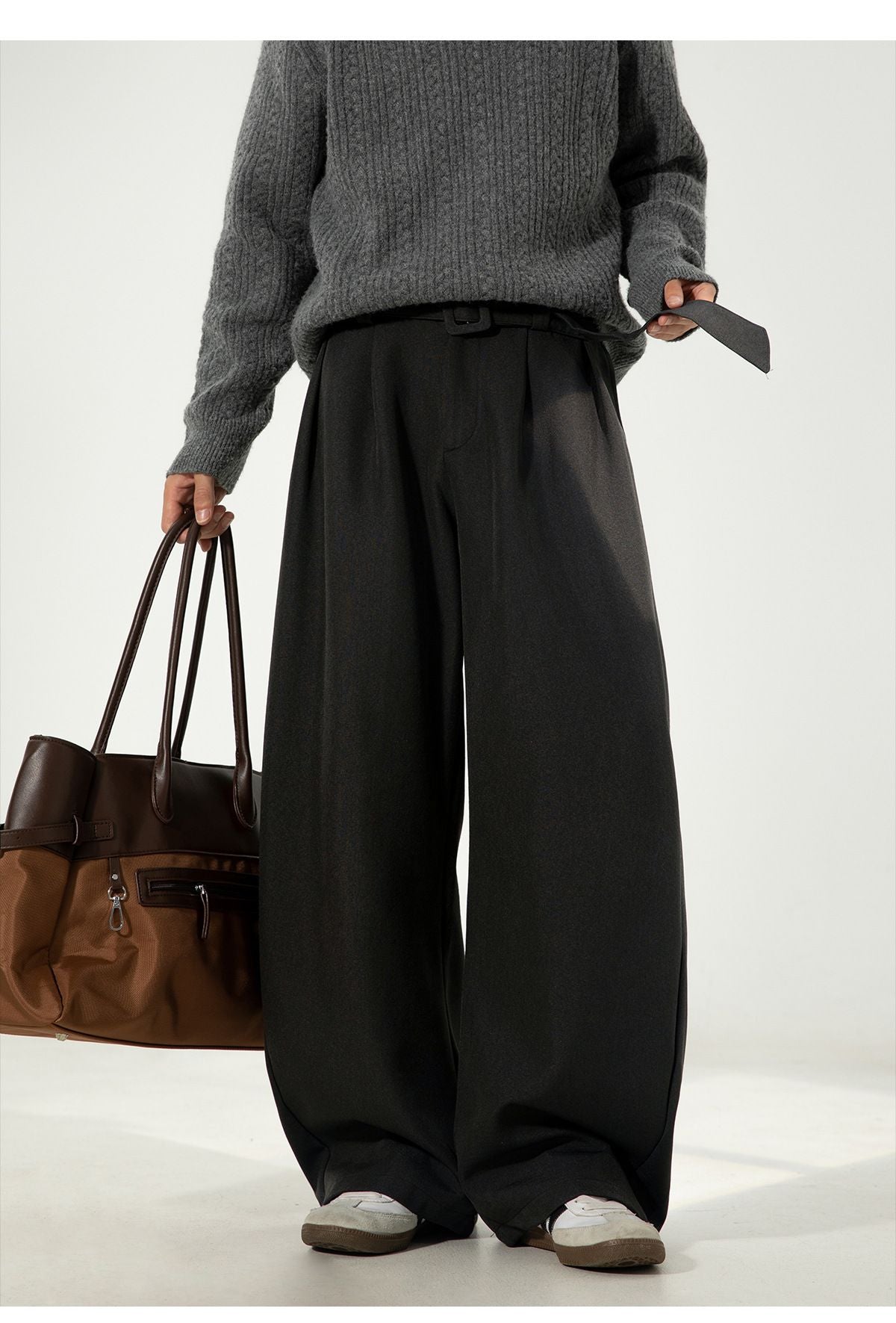 Men's Pleated Drape Curved-Leg Trousers Loose-Fit Straight-Leg Pants Retro-Style Belted Casual Pants