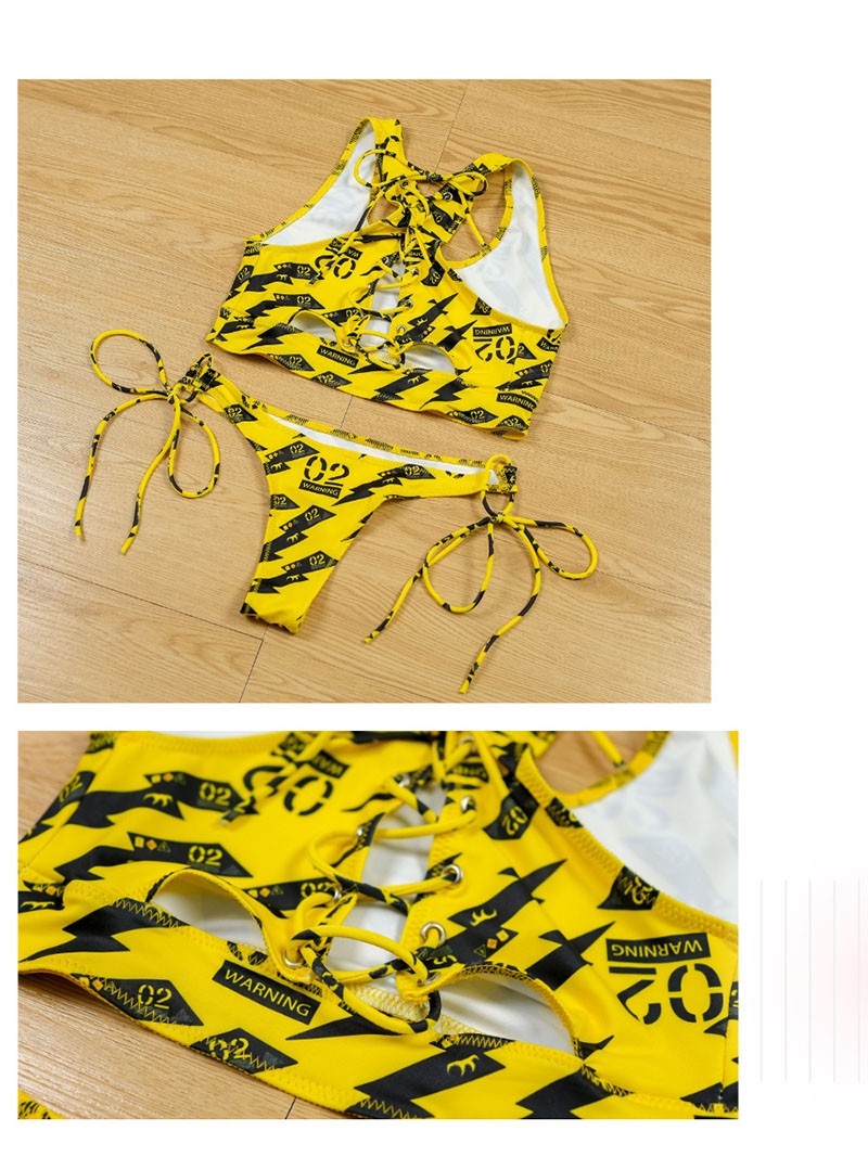 Anime Beach Girl Red Lip And Yellow Danger Warning Line Uniform Printing Bikini Swimsuit Underwear Women Outfits Cosplay Costume