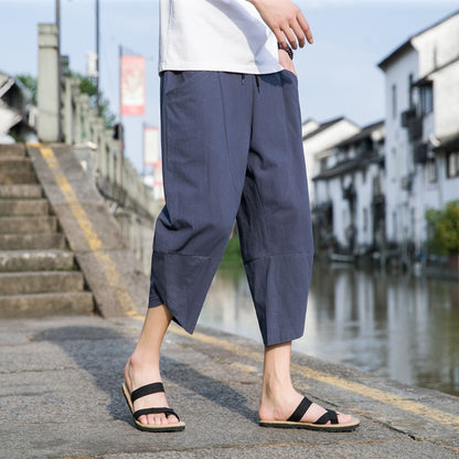 M-5XL Summer New 100% Cotton Loose Cropped Pants Solid Color Casual Elastic Waist Curved Leg Japanese Pants